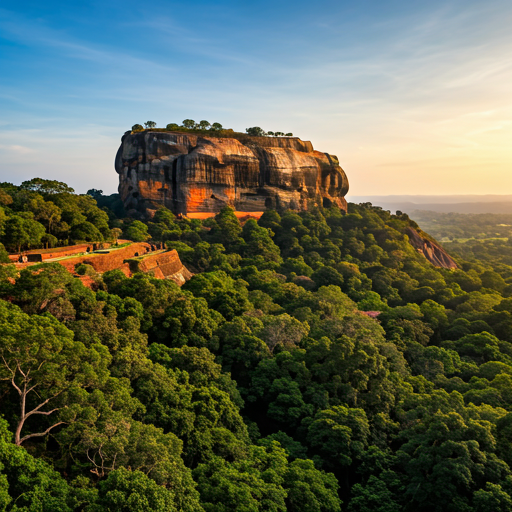 Sigiriya rock fortress rising above the jungle at sunset, Sri Lanka