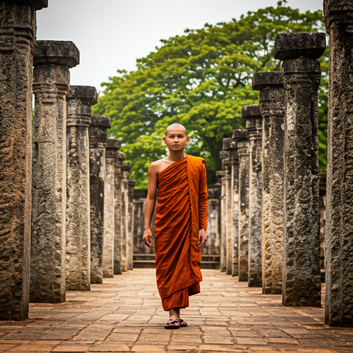 Buddhist monk in saffron robes walking between ancient stone pillars