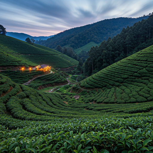 Lush green tea hills in Sri Lanka at dusk