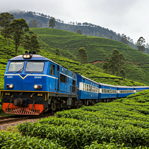 Blue train travelling through Sri Lanka's green tea country