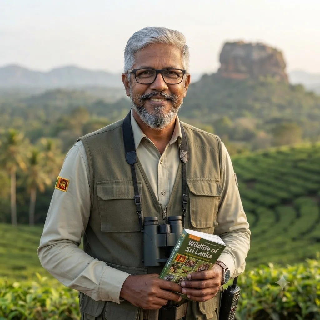 Smiling Sri Lankan guide with binoculars and a wildlife book in tea country